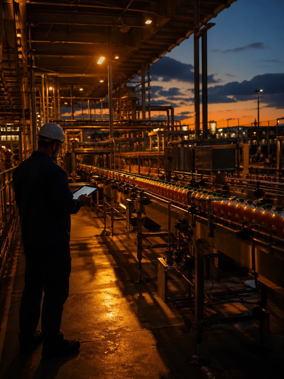 Plant manager reviewing operations data on a tablet, overlooking a beverage bottling production line at dusk
