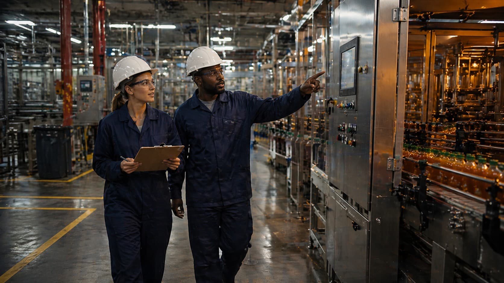 Two plant engineers in hard hats walking a beverage production line during an operations assessment