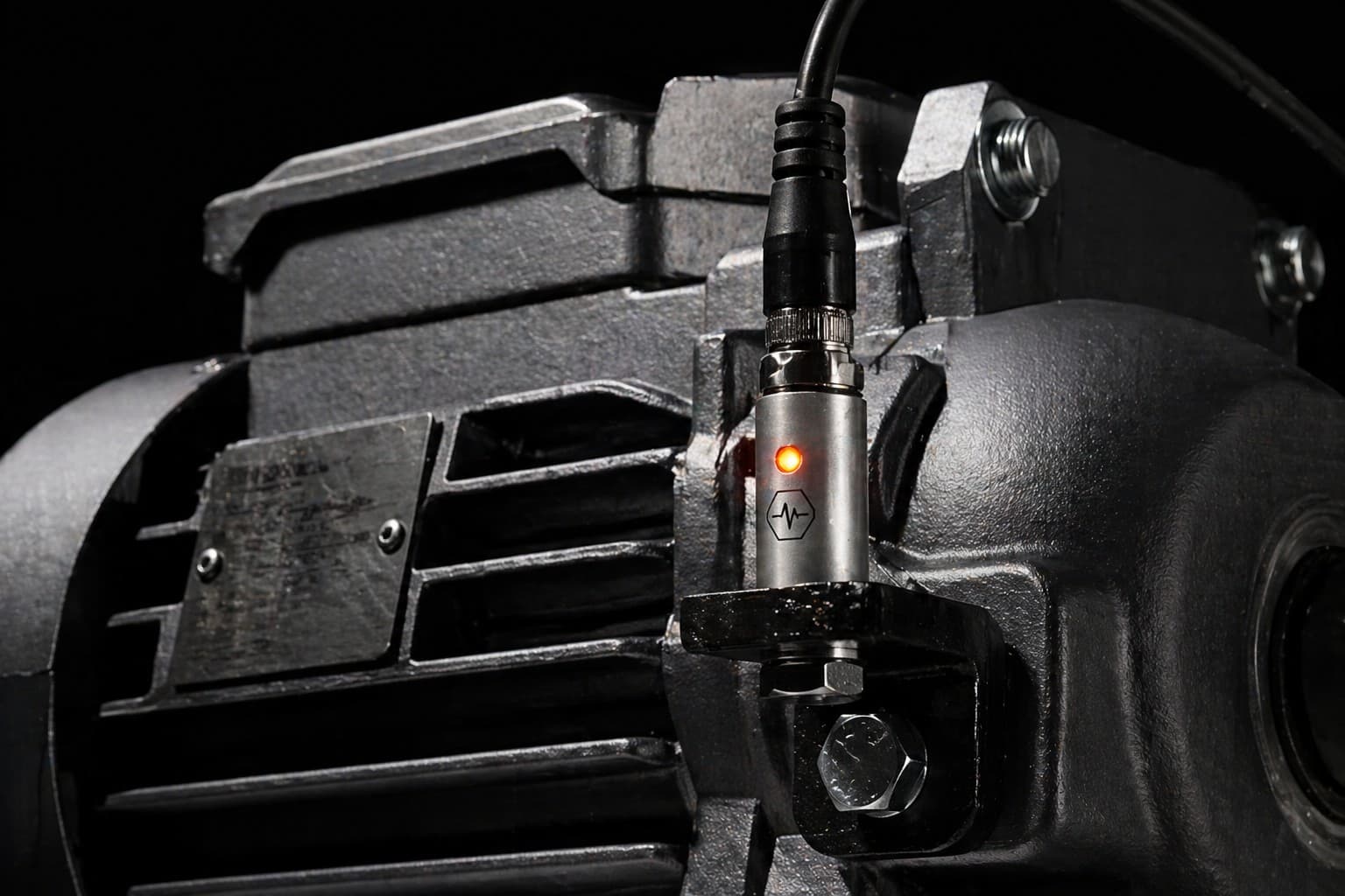 Vibration sensor with orange LED indicator mounted on an industrial motor
