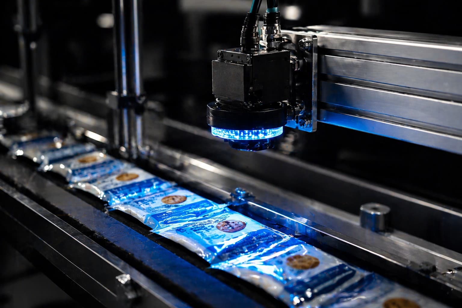 Blue LED machine vision camera inspecting CPG packages on a conveyor line